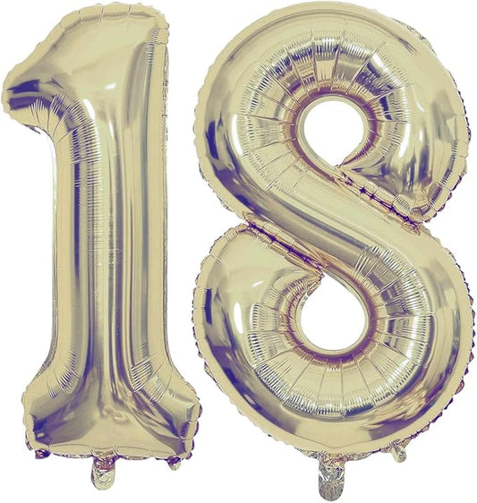 Champagne Gold 18 Number Balloons, 40 Inch Giant Number 18 Balloons Foil Mylar Helium Light Gold Number Balloons for 18th Birthday Party Supplies Anniversary Event Celebration Decorations