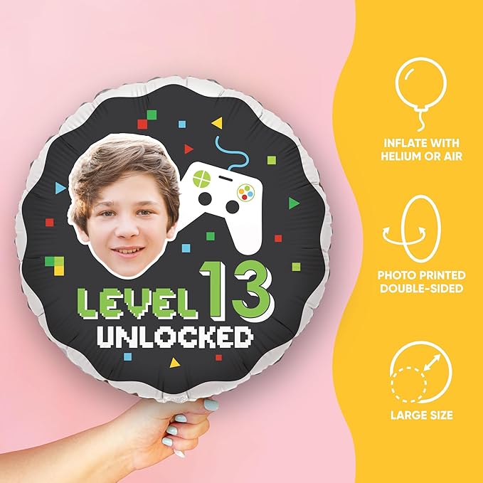 Big Dot of Happiness Personalized Game Zone Fun Face Photo Balloon, Pixel Video Game Birthday Party Decoration, Custom Age Double-Sided Circle Mylar, 1 Piece