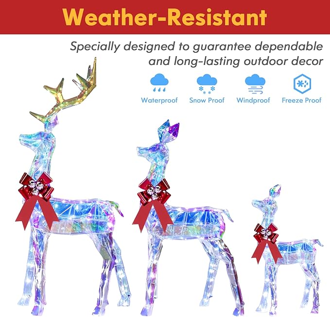 3-Piece Large Lighted Christmas Deer Family Set, 5FT Reindeer Christmas Decoration for Yard, Lawn, Front Porch, Xmas Deer Outdoor Decor with 260 LED Lights, Stakes, Zip Ties - Iridescent
