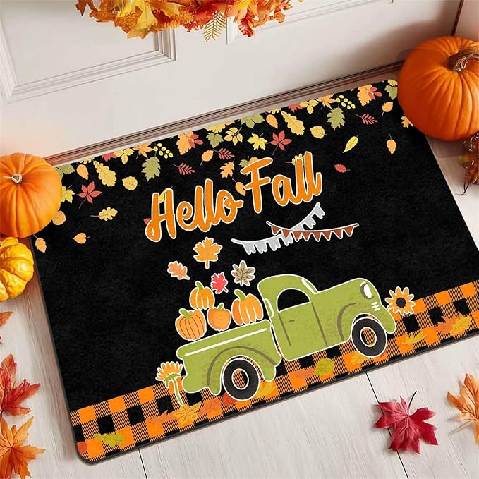 InterestPrint Fall-Happy-Thanksgiving Door Mat Fall Truck Maple Leaves Welcome Doormat, Seasonal Harvest Thanksgiving Vintage Rustic Low-Profile Floor Switch Mat for Indoor Outdoor, 30"x18"inch