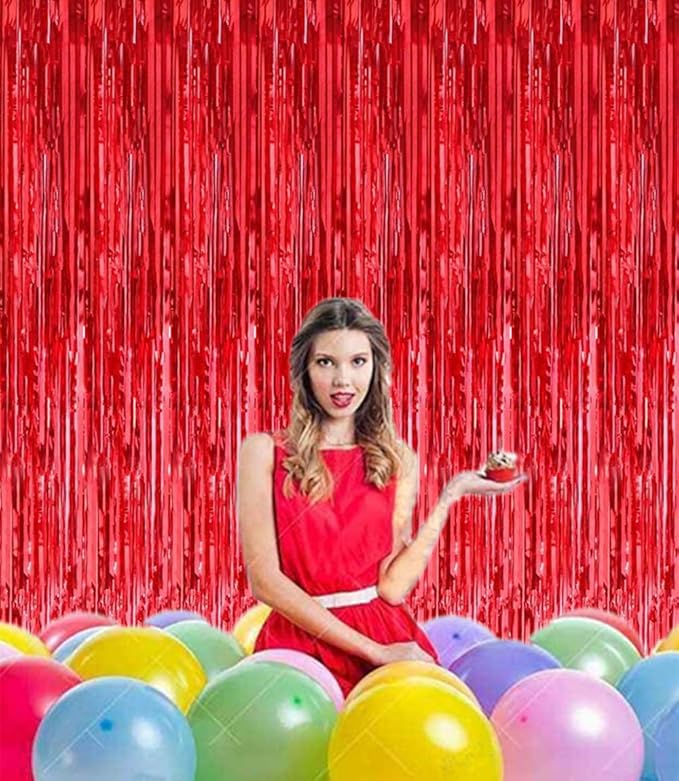 2 Pcs 3.2ft x 8.2ft Shiny Red Metallic Tinsel Foil Fringe Curtains Photo Booth Backdrop for Birthday Wedding Holiday Celebration Bachelorette Party Decorations