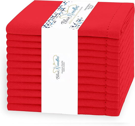 Blue Needles Set of 12 Hemstitch Linen Napkins 100% Cotton Red Cloth Dinner Napkins 18x18 inches, Soft, Reusable, Absorbent, Washable, Ideal for Fall Thanksgiving Events, Parties & Everyday Use