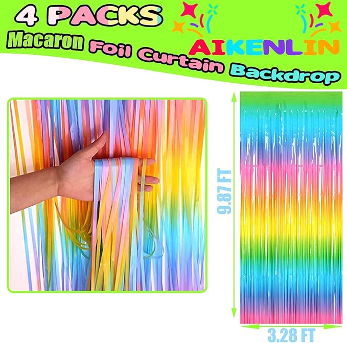 4 Pack 3.2Ft x 9.8Ft Macaron Rainbow Foil Fringe Curtain Backdrop, Foil Fringe Streamers Curtains for Party, Photo Booth Props, Birthday, Wedding, Christmas Party Decoration Supplies