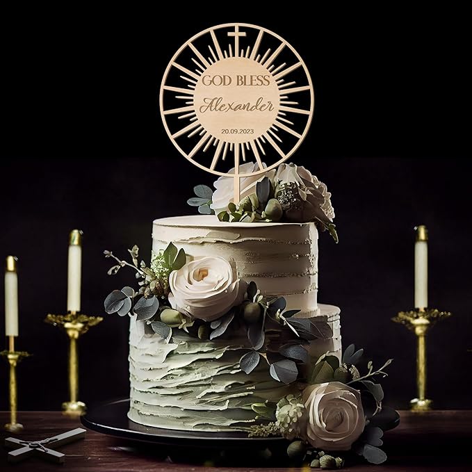 Personalized Baptism Cake Topper in Wood Custom Name & Date God Bless Cake Topper Decoration (Design 01)