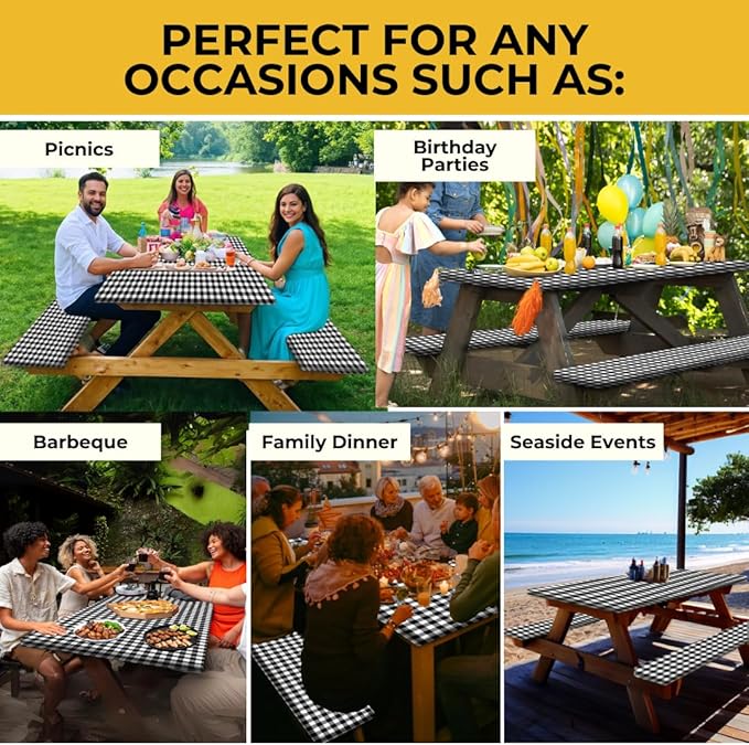 RNOONY 6ft Polyester Picnic Table Cover with Bench Covers Windproof & Waterproof Tablecloth, Perfect for Camping Gifts & RV Essentials, Cool Camping Gadgets with Carrying Bag, 72x30 Inches,4Pcs,Black