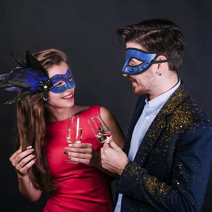 2025 New Masquerade Mask with Feather for Couples - Women's Masquerade Mask with Feather & Men Venetian Costume Mask
