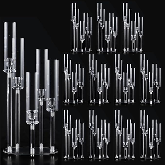 12PCS Acrylic Candelabra Centerpieces for Tables,Clear 5 Arms Candle Holder for Wedding,Ceremony Dinner Party, 22" Tall Candlestick Holders with Lampshade,Fit LED Candle