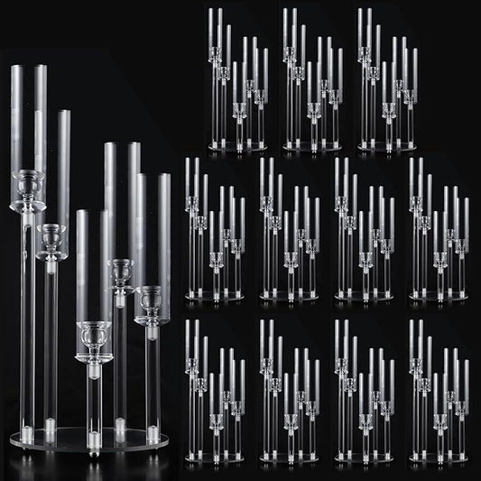 12PCS Acrylic Candelabra Centerpieces for Tables,Clear 5 Arms Candle Holder for Wedding,Ceremony Dinner Party, 22" Tall Candlestick Holders with Lampshade,Fit LED Candle