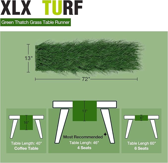 XLX TURF Faux Grass Table Runner for Christmas Decoratioons - Fluffy Green Thatch Table Centerpieces Golf Themed Birthday Party Decor Wild Woodland Fairy, 13" x 72"