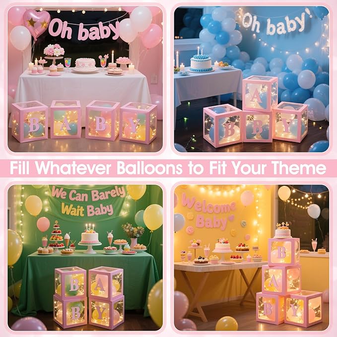 Ledido Baby Boxes with Letters for Baby Shower Decorations, 4 pcs Clear Balloon Boxes Blocks Decor with LED Fairy String Lights for Boy Girl Gender Reveal Decorations Backdrop Party (Pink)