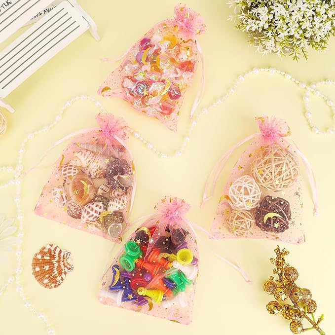 Moon Star Organza Bags 4x6 Small Mesh Bag Drawstring 50 Pcs Mesh Gift Bags Drawstring Pouch Wedding Favor Bags Jewelry Pouches Bulk Gift Pouch for Candy Soaps Birthday Festival Party Supplies, Pink