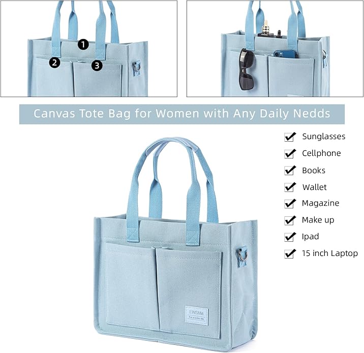 Canvas Tote Bag for Women, Large Laptop Travel Tote Handbag Totes with Crossbody Shoulder Teachers Reusable Grocery Bags