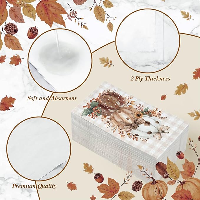 100 Pcs Thanksgiving Napkins Disposable Fall Paper Napkins for Autumn Harvest Brown Pumpkins and Buffalo Plaid Paper Hand Towels for Bathroom Kitchen Halloween Party