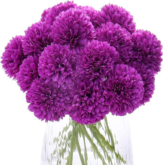Kimura's Cabin 20Pcs Fake Mums Flowers Artificial Chrysanthemum Faux Silk Ball Flower Wedding Arrangements Bouquets Fall Office Home Kitchen Table Decor DIY Floral (Dark Purple)