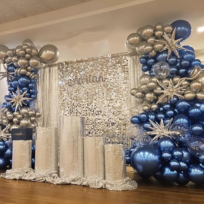 Blue Silver Balloons Set, 12 Inch Blue and Silver Balloons Dark Navy and Confetti Party Latex Balloon, Macaron Metallic Baby Blue Mixed Balloon for Birthday Graduation Baby Shower Wedding Retirement