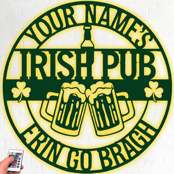 Vintage Irish Pub Metal Sign with LED - Personalized Bar Wall Decor, Custom Tavern Plaque for Man Cave, Basement, St. Patrick’s Day Gift Ideas for Him, Men, Dad, Grandpa