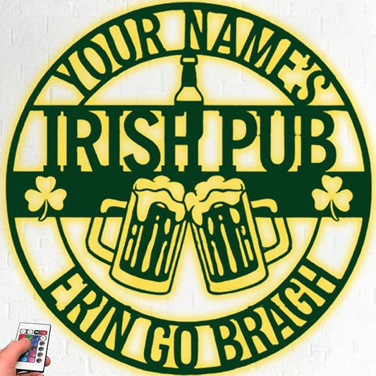 Vintage Irish Pub Metal Sign with LED - Personalized Bar Wall Decor, Custom Tavern Plaque for Man Cave, Basement, St. Patrick’s Day Gift Ideas for Him, Men, Dad, Grandpa
