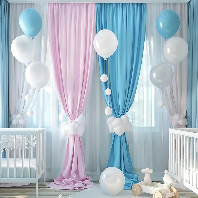 Backdrop Curtain 10x7ft, Gender Reveal Backdrop for Baby Shower, Wrinkle-Free Polyester Fabric Photo Backdrop Curtain, Blue, Pink, and White for Wedding and Party Decorations,5 Panels