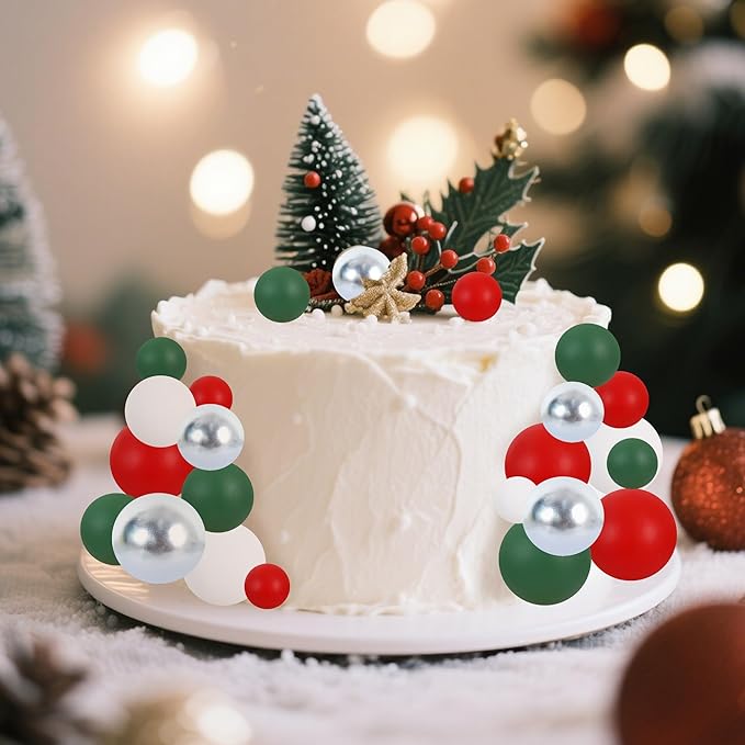 BEISHIDA 40 Pcs Ball Cake Toppers Red Green White Silver Sticks Foam Balls DIY Cake Topper Insert Balls Cake Decorations for Baking Christmas Party Decorations(Red, Green, White, Silver)