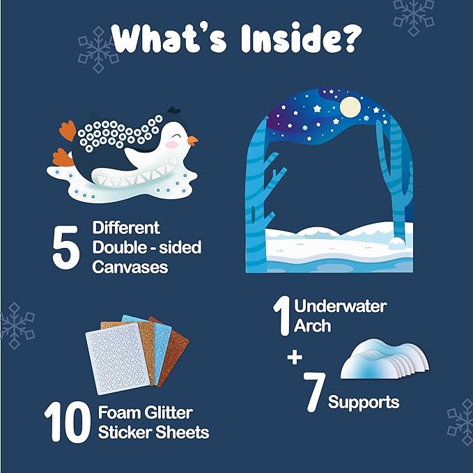 BINCA Foam Sticker Mosaic Art Activity, 750+ 3D Glitter Foam Stickers, 5 Winter Animals with Display Arch, Christmas Stocking Stuffers, DIY Mess-Free Activities, Gifts for Boys & Girls Ages 5,6,7,8