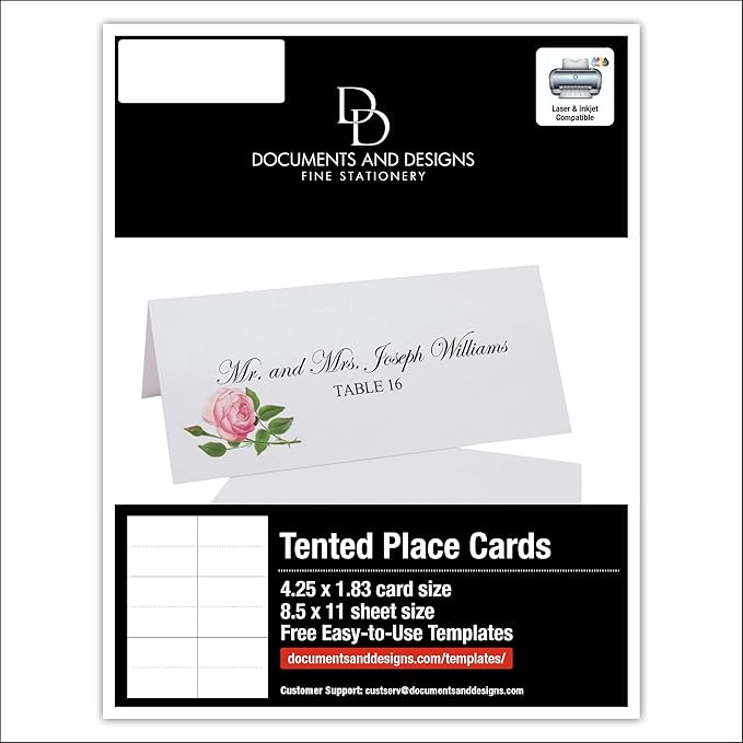 Pink Tea Rose Printable Place Cards, Set of 60 (10 Sheets), Laser & Inkjet Printers - Wedding, Party, Dinner, and Special Events - Made in the USA