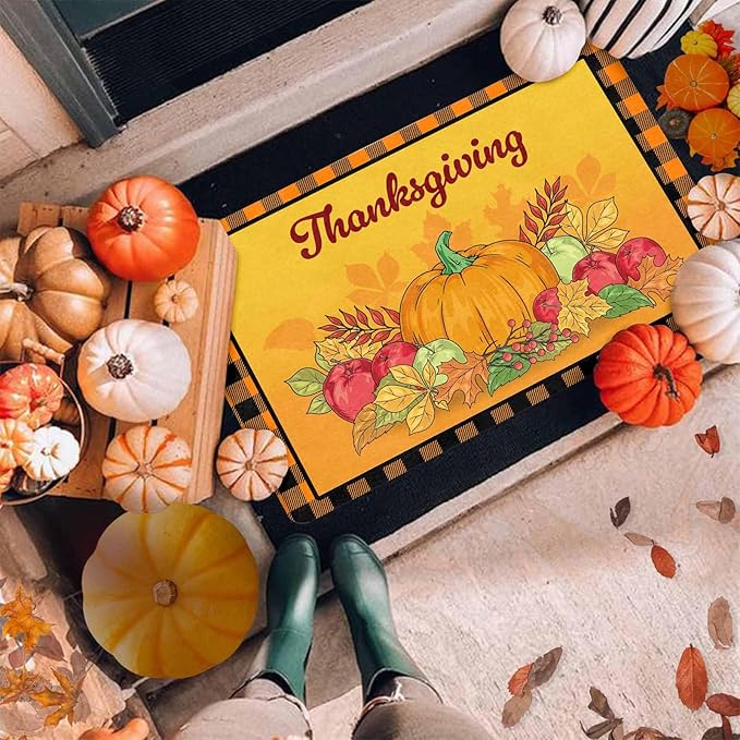 InterestPrint Happy-Thanksgiving Welcome Harvest Pumpkin Door Mat Front Door Outdoor Doormat Outside Entrance Porch Non Slip Rubber Rug Autumn Thanksgiving Farmhouse Decor, 24"x16"inch