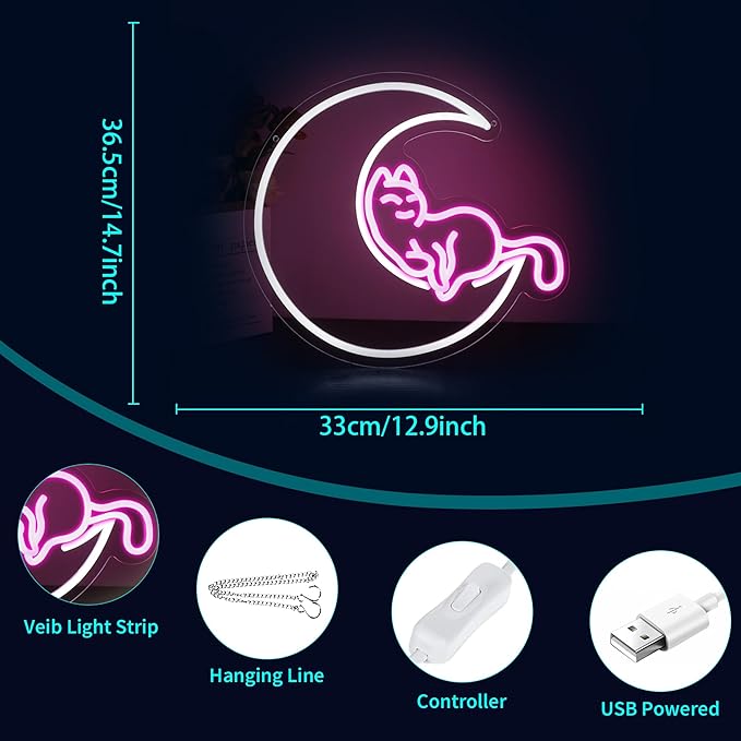 Neon Sign, HSJNJKFU Moon Cat Neon Signs for Wall Decor White Pink LED Cat Signs for Man Cave Room Home Party Birthday Beer Signs - Neon Light USB Powered