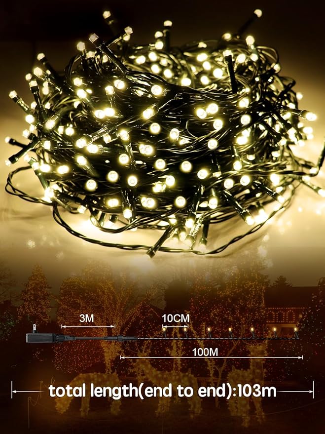 Super Long 344FT Outdoor String Lights, Warm White Fairy Light, Christmas Lights 1000 LED Waterproof 8 Modes for Patio Bedroom Holiday Party Christmas Tree Wedding Garden