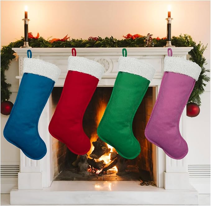 Christmas Stockings for Family Holiday Decorations and Xmas Tree Fireplace (6, Navy Blue-Grain-Large)