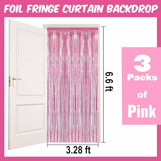 3 Pack Pink Foil Fringe Curtains Backdrop, 3.28 x 6.6 Ft Metallic Streamers Tinsel Curtains Background for Photo Booth, Birthday, Halloween, Christmas, Thanksgiving, New Year Party Decorations
