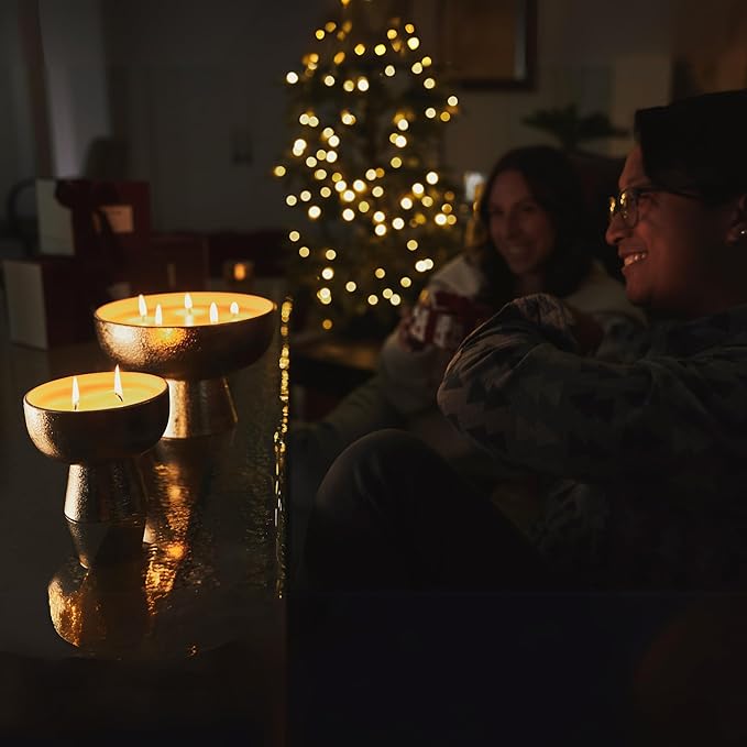2025 Gold Holiday Candle | Festive - Noble Fir & Amber (Medium), Refillable Wellness, Essential Oil, Sustainable, Hand Finished and Poured, Premium, Luxury Ceramic, Natural Cotton Wick, Soy-Wax Blend