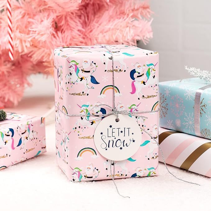 MAYPLUSS Pink Christmas Wrapping Paper Roll - Mini Roll - 17in X 120in Per roll - 3 Different Pink & Blue Design,Foil Strip/Snowflakes/Unicorn,for Xmas,New Year,Girl Christmas Gift Wrap (42.5sq.ft)