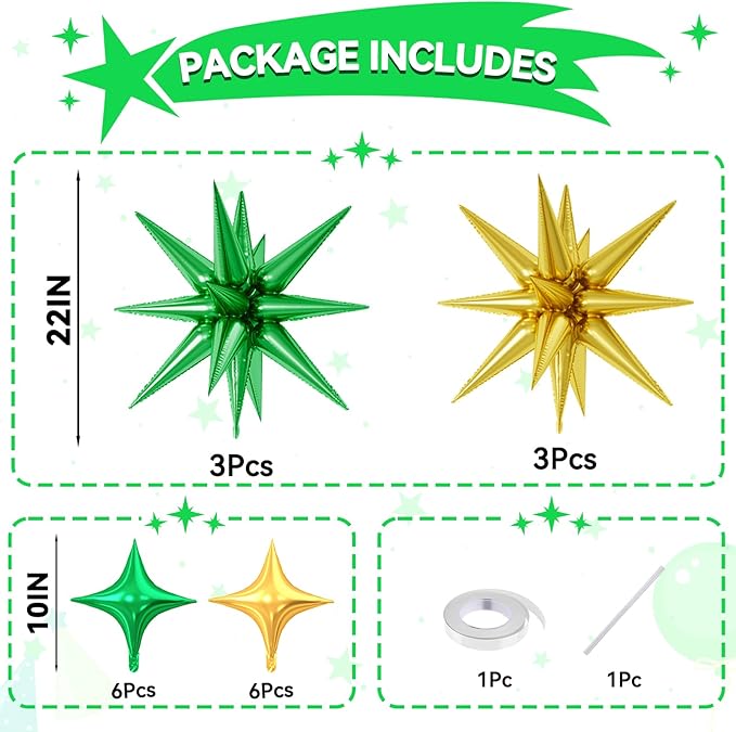 18 Pcs Green Gold Star Balloons, Gold and Green Balloon with 6 Pcs 22-Inch Explosion Star Balloons 12Pcs 10-Inch Four Pointed Stars Foil Balloon for Anniversary Disco Birthday Party Decorations