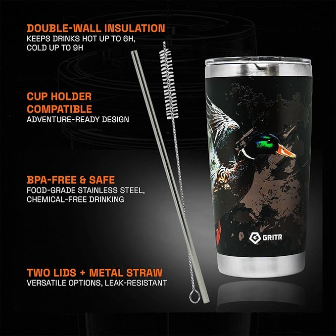 GRITR Stainless Steel Tumbler – 20oz/30oz, Insulated & Leakproof, Hot or Cold Drinks Anywhere, Travel Tumbler with Straw and Lids for Coffee, Water & Smoothies