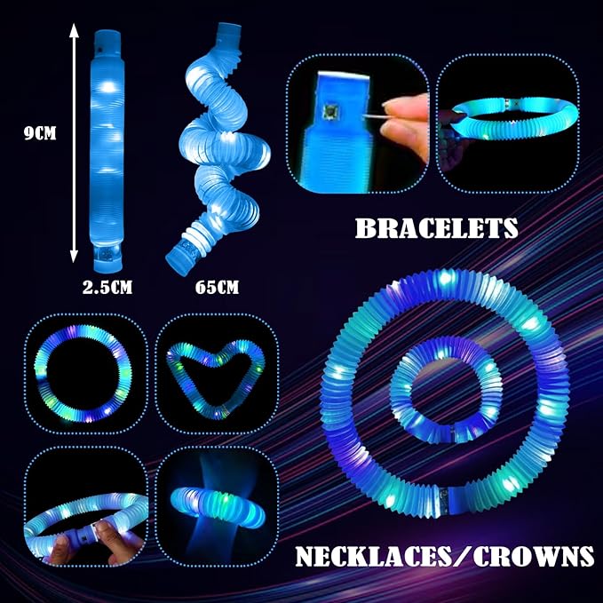 Blue 12PCS Light Up Pop Fidget Tubes Party Favors-Glow in The Dark Party Supplies for Kids and Adults, Perfect for Festivals, Birthday Parties, Raves, Concerts, and Camping Decorations