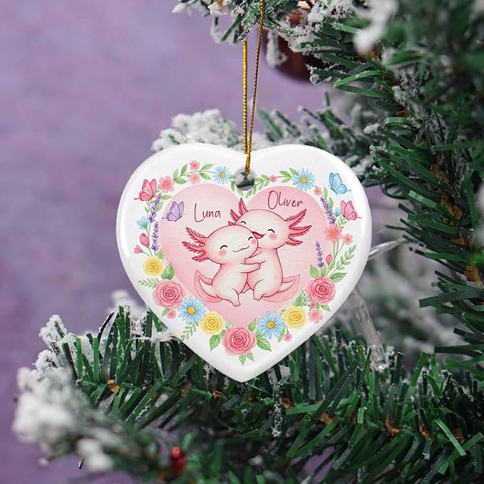 Personalized Axolotl Couple 1St Xmas Ornament, Funny Couple Ornament Gift for Mr Mrs Husband Wife, Married Couples Christmas Tree Decoration, Custom Names Sea Axolotl Ceramic Ornaments Xmas