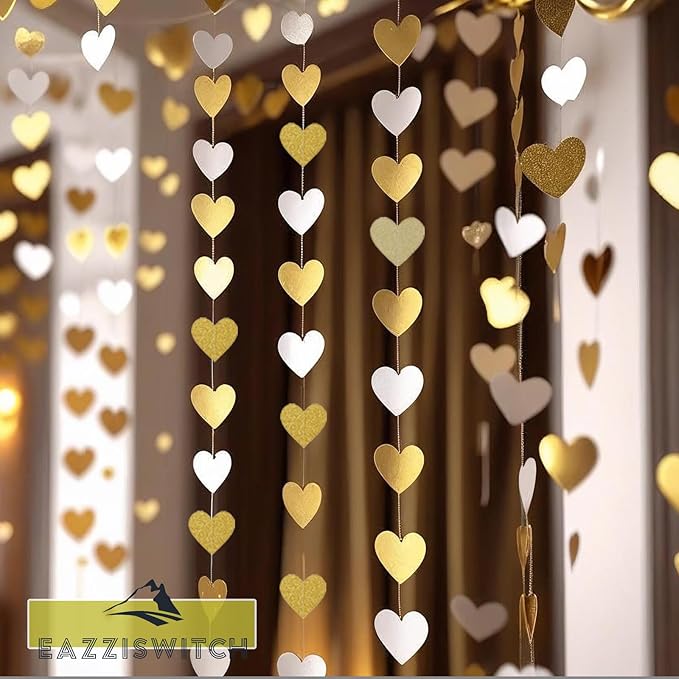 Gold Wedding Engagement Party Decorations: Champagne Glitter Hearts Banner Garland Streamers Backdrop for Bachelorette Bridal Baby Shower Anniversary Birthday Christmas Valentines Day Décor - 52 Ft