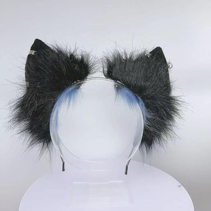 Wolf Ears Tail Set Fox Wolf Headbands Clips Fluffy Cosplay Costumes, Gothic Punk Accessories for Halloween