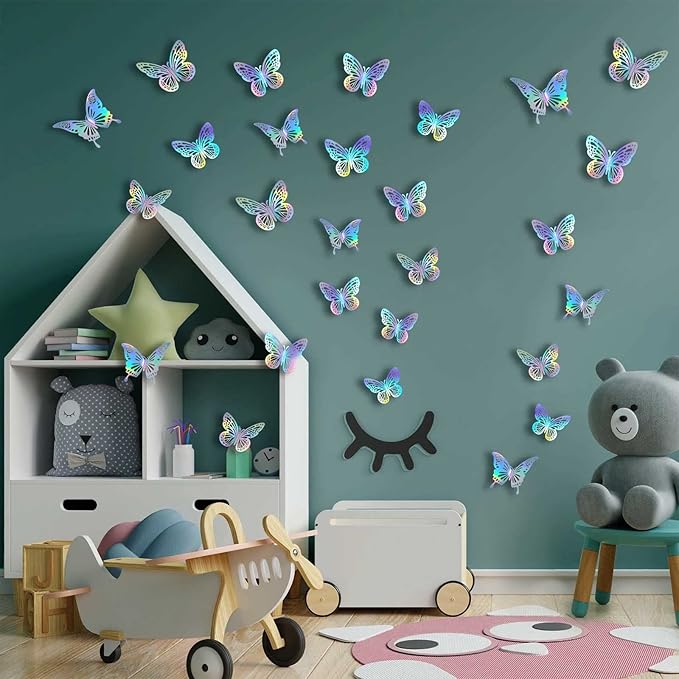 Laser Butterfly Wall Decor, 48Pcs 2 Styles 3 Sizes Butterflies for Birthday Cake Cupcake Toppers, 3D Paper Iridescent Sticker Graduation Grad Cap Decorations Baby Shower Girl Room Nursery Decals