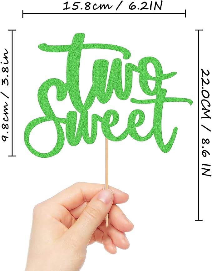 Two Sweet Cake Topper - Glitter Green 2nd Birthday Cake Decorations, Second Anniversary Cake Pick (Green)