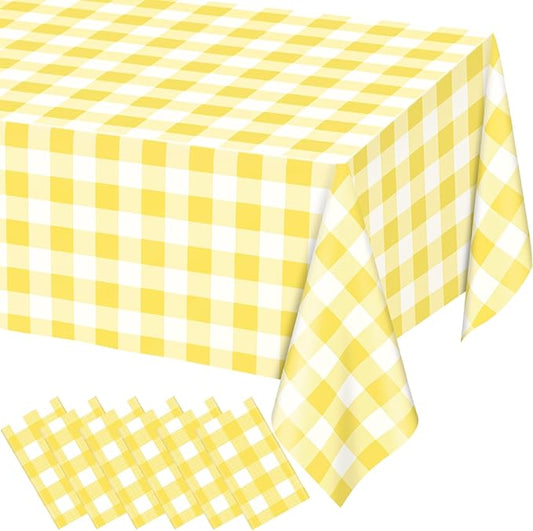 WNINK 6 Pack Light Yellow Gingham Rectangular Plastic Tablecloths, Yellow and White Checkered Disposable Table Covers 54" x 108" for Birthday, Wedding, Bridal Shower, Outdoor Picnic Camping Parties