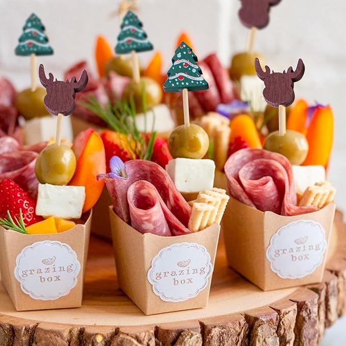 PuTwo Christmas Cocktail Picks 4.7 Inch 100pcs Bamboo Fancy Skewers Toothpicks for Appetizers Food Drink Fruit Sandwich BBQ Christmas Cocktail Party Charcuterie Boards Accessories Party Supplies