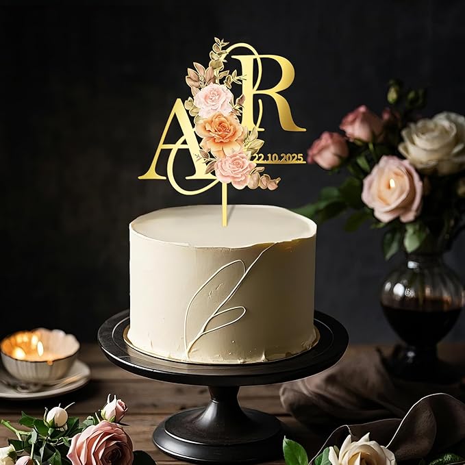 Personalized Fall Wedding Cake Topper in Acrylic Custom Bride and Groom Initial Cake Topper Wedding Date Cake Decoration (Fall Flowers)