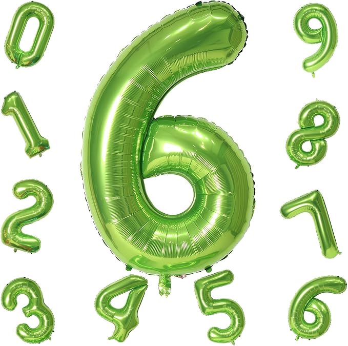 Green Number Balloons, 40inch Large Number 6 Foil Mylar Helium Balloons for Girls Women, Self Inflating Number Balloons 0-9 for Men Boys 6th 16th 60th Birthday Anniversary Party Celebration Decoration
