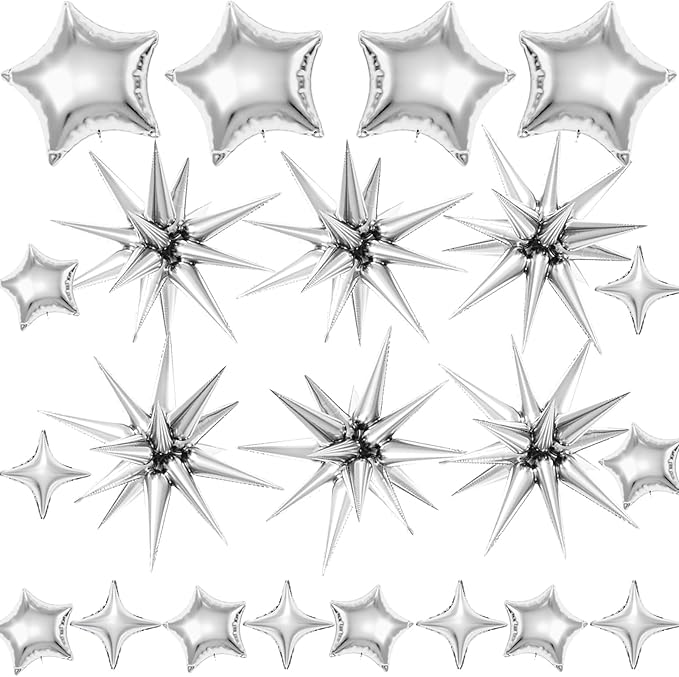 22 Pcs Silver Star Balloons,22/18/10 Inch Star Foil Mylar Balloon,Spike Balloon and Four Pointed Balloons for Party Supplies Christmas Birthday Wedding Photo Booth (Silver)