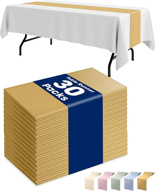 Pureegg Gold Plastic Table Runners - 30 Pack, 14'' x 108'', Water Resistant & Disposable Centerpiece Decorations for Table Cloth, Wedding, Birthday, Holiday, Baby Shower, Party, Home Decor