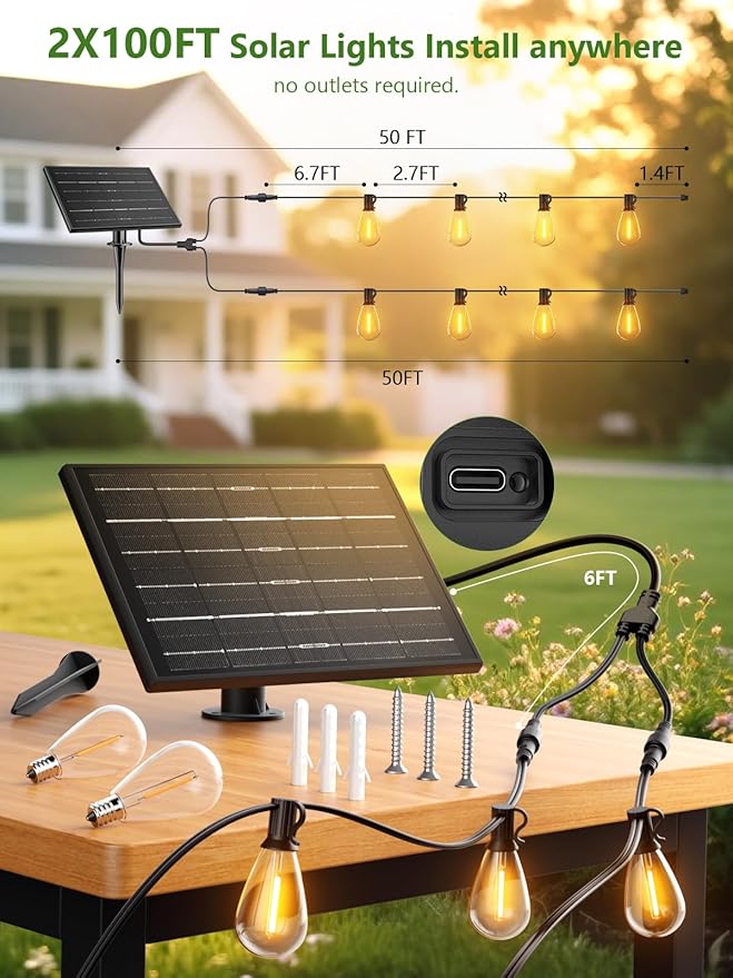 luckystyle 200FT Solar String Lights Outdoor Waterproof 2200K with Remote & USB Charging, 72+4 LED Shatterproof Bulbs, Dimmable & Timable, 3 Light Modes, Long Last for Garden,Patio, Backyard, Camping