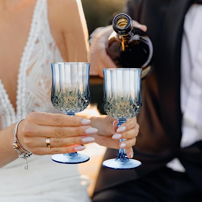24 Pcs 7 Oz Plastic Goblets for Parties, Blue Plastic Wine Glasses Vintage Champagne Whiskey Crystal Water Goblets for Home, Office, Bars, Wedding, Ribbed (24, Ocean Blue)