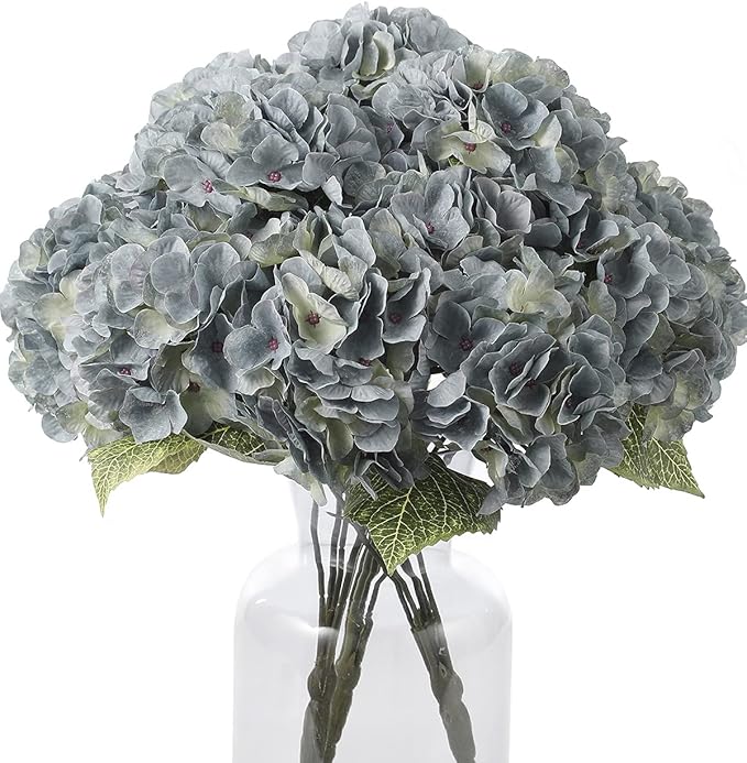 Kimura's Cabin 2Bouquets Fake Flowers Silk Hydrangea Artificial Flowers Bouquets 10Heads for Indoor Home Table Centerpieces Wedding Party Decoration (Lake Blue, Pack of 2)