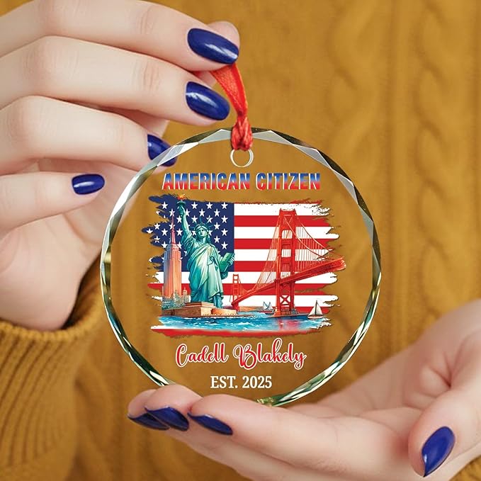 Personalized American Landmarks Xmas Ornament Gift for Citizenship Celebration, New US Citizen Glass Christmas Ornament 2025, Custom Year & Name American Citizen Xmas Ornament Gift for Family Friends
